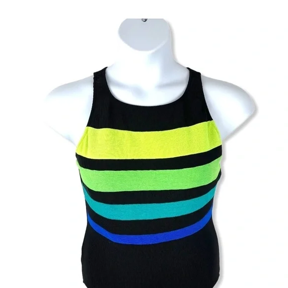 Color Block Stripe Textured One Piece High Neck Keyhole Back Swimsuit - Vintage - Picture 7 of 13